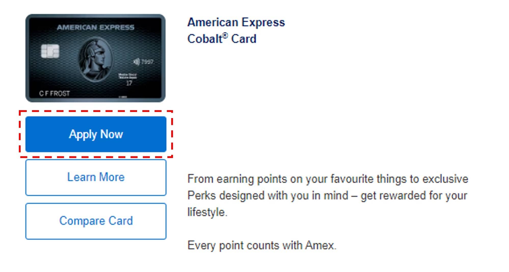 Screenshot of Amex Card application journey with "Apply Now" button circled