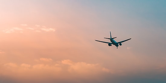 plane flying at sunset