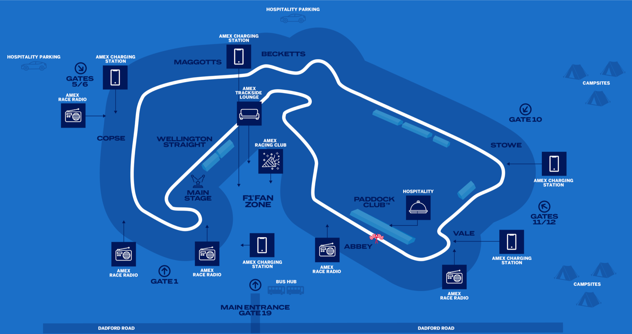 Image of racetrack map with icons indicating American Express perk locations