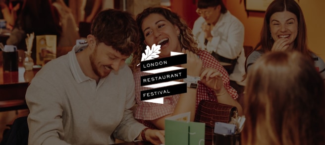 London Restaurant Festival Logo over People laughing and enjoying a restaurant