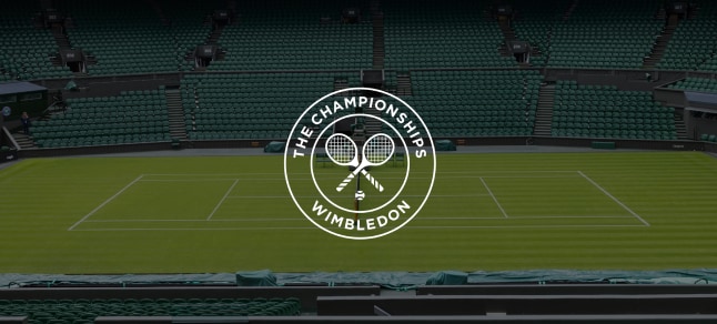 Wimbledon logo over Tennis court image