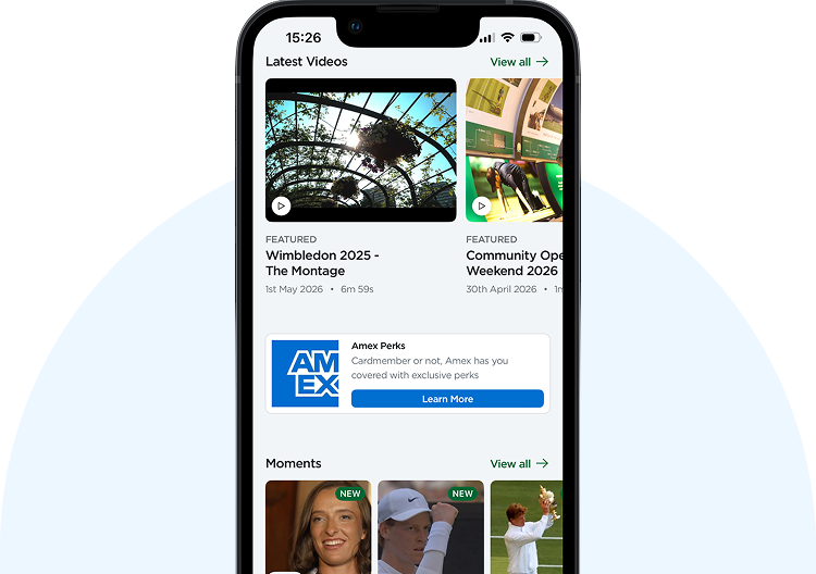 QR code linking to the Wimbledon mobile app, displayed next to a phone screen showing tickets.