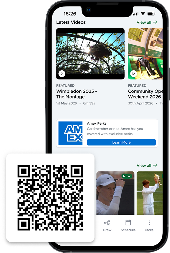 QR code linking to the Wimbledon mobile app, displayed next to a phone screen showing tickets.