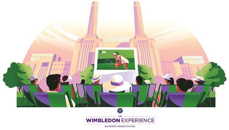 Animated image of fans gathering to watch a tennis match on a large outdoor screen.