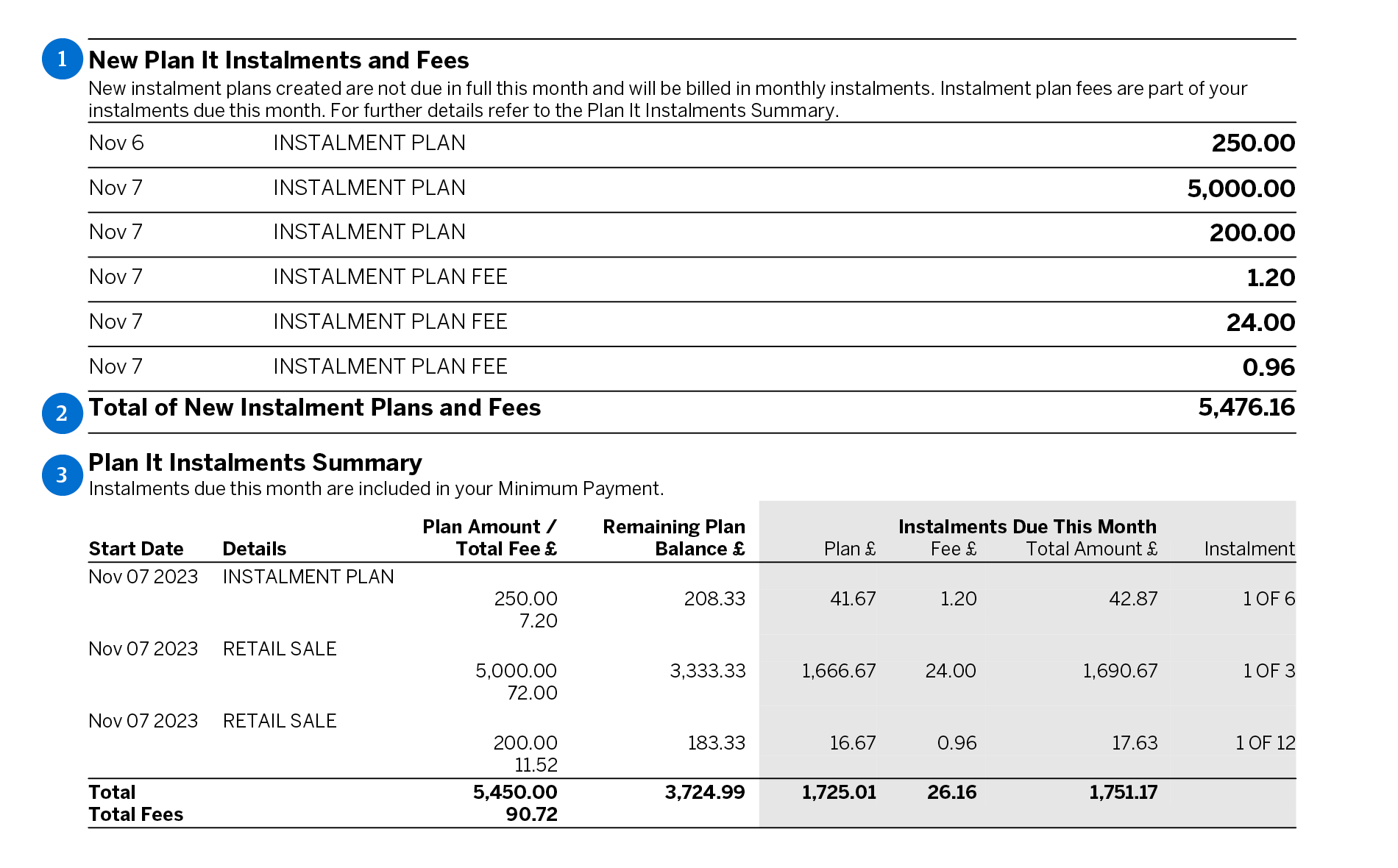 Example of statement with Instalment Plans by American Express