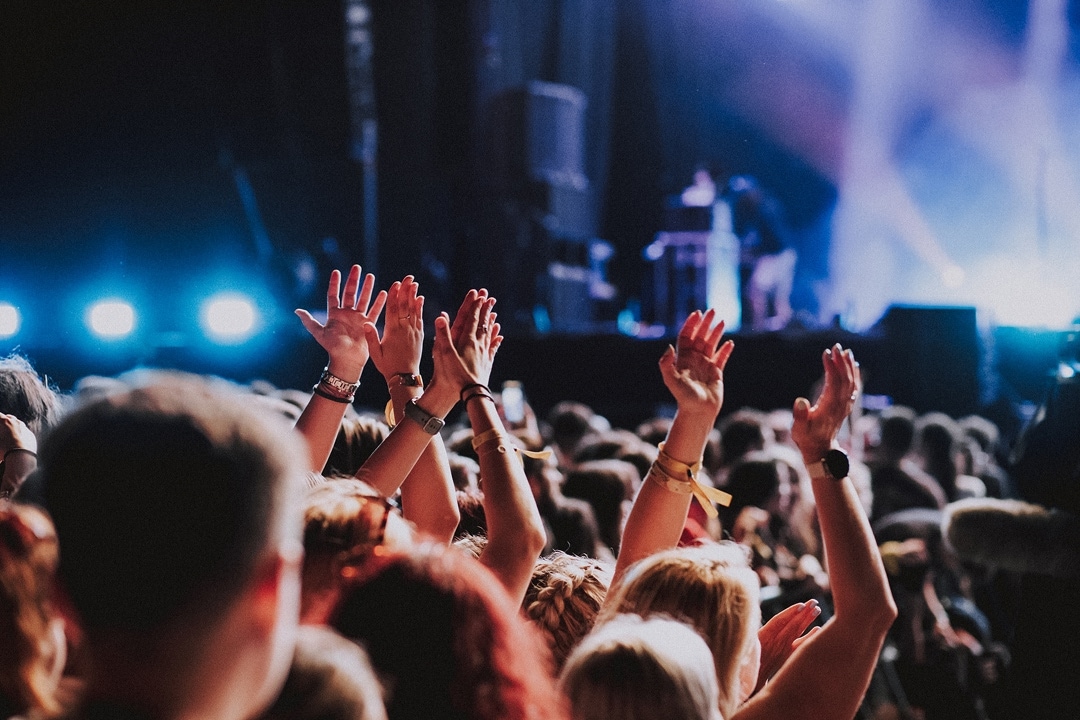 Crowd with raised hands at a live concert