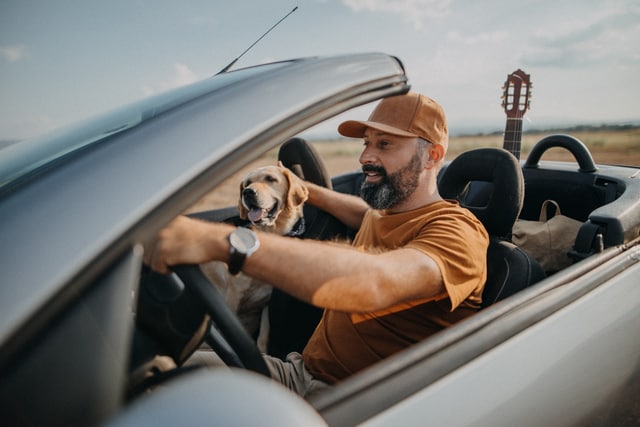 Man having good time with his dog in convertible car.