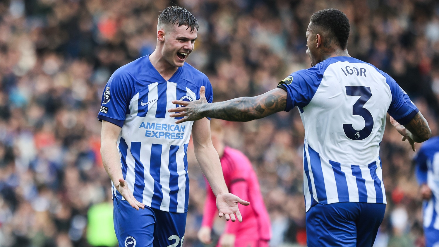 Two Brighton & Hove Albion players celebrating a goal.