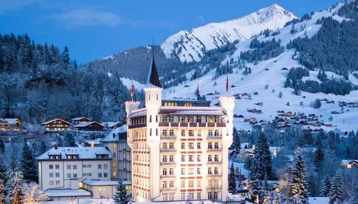 A hotel in the Swiss Alps in Winter.
