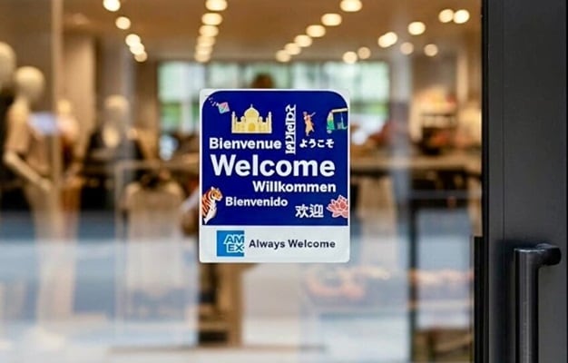 Signage warmly welcoming Amex