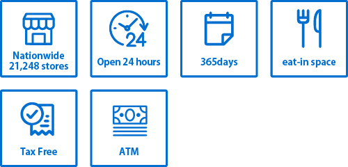 Nationwide 21,248 stores / Open 24 hours / 365day / seat-in space / Tax Free / ATM