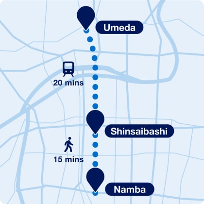 Illustration of map route from Umeda to Namba