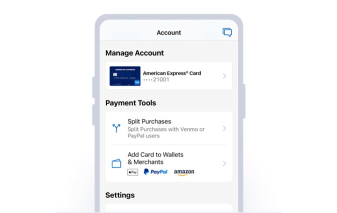 Amex® App screen showing "Add Card to Wallets & Merchants" button