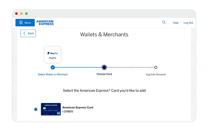 Card selection option in the Wallets & Merchants page on americanexpress.com