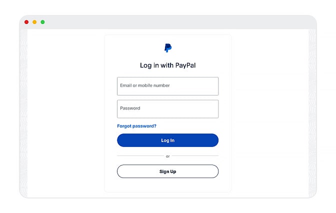 PayPal website login screen