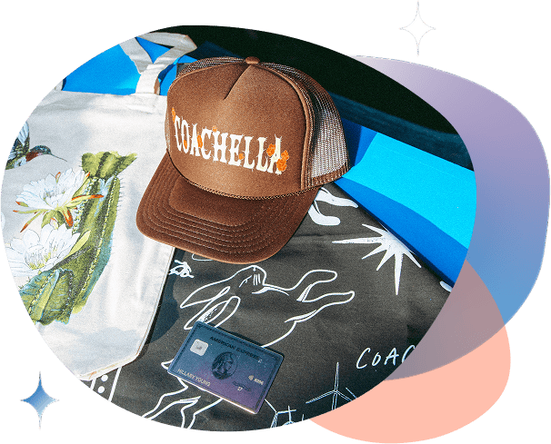 Coachella hat on display next to credit card