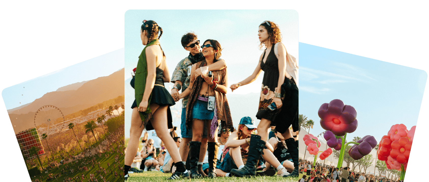 A collection of images showcasing the landscape and crowds at Coachella.
