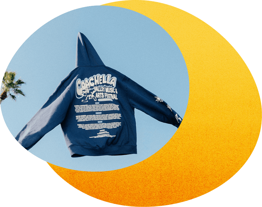 Blue Coachella hoodie displayed against a clear sky.