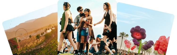 A collection of images showcasing the landscape and crowds at Coachella.