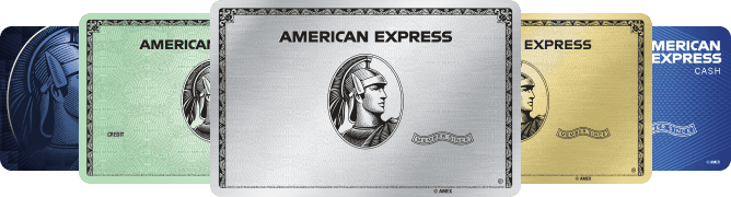 An image showing American Express cards lined up in a row.