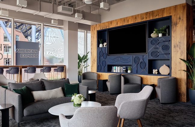 Interior seating area with couches, tables and chairs