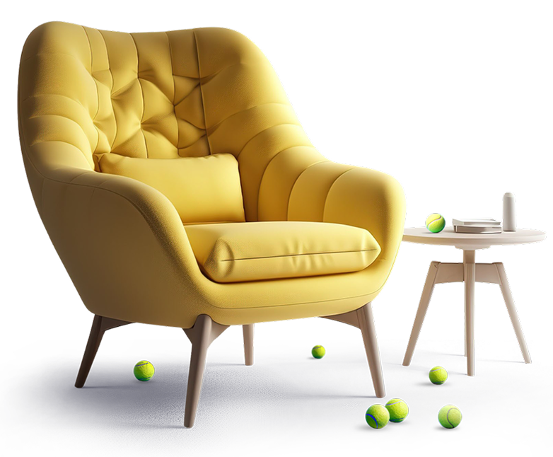Chair with a small table next to it with tennis balls on the floor
