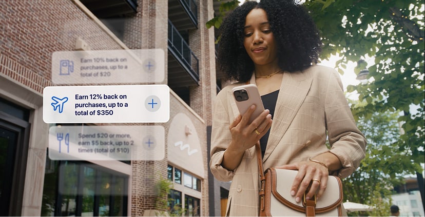 Side by side Woman on her phone and the American Express app interface