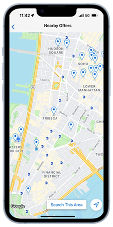 Image of Manhattan map showing AMEX Offers in the area within the AMEX App