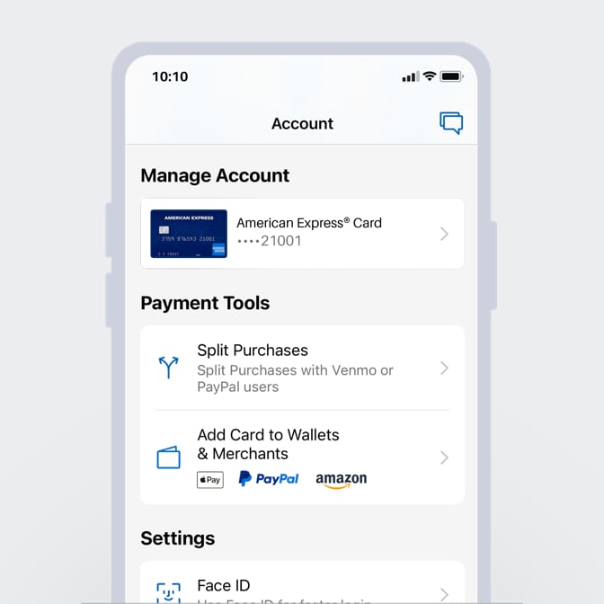A phone screen showing the “Payment Tools” area of the Amex App.
