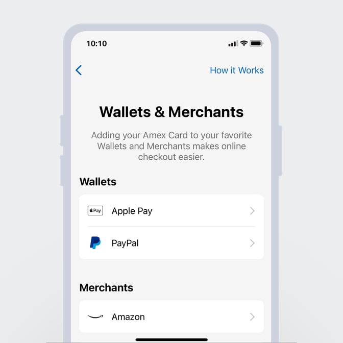 A phone screen showing the “Wallets & Merchants” area of the Amex® App.