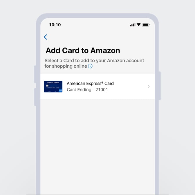 A phone screen showing the selection of a Card to add to Amazon.com.