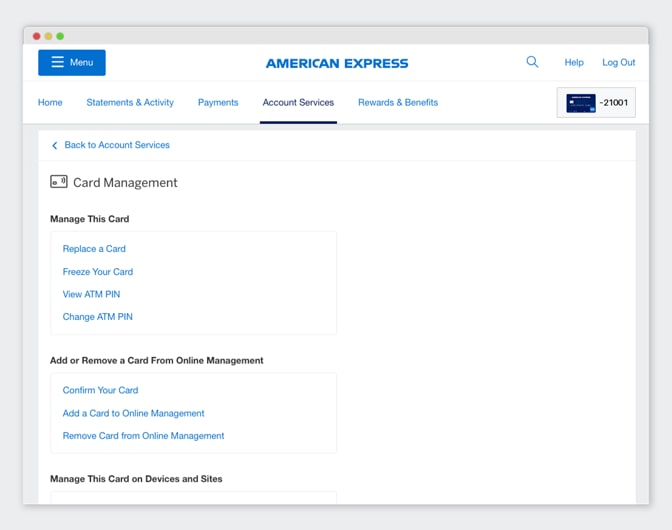 A computer screen showing the “Mange This Card on Devices and Sites” area of a digital Amex account.