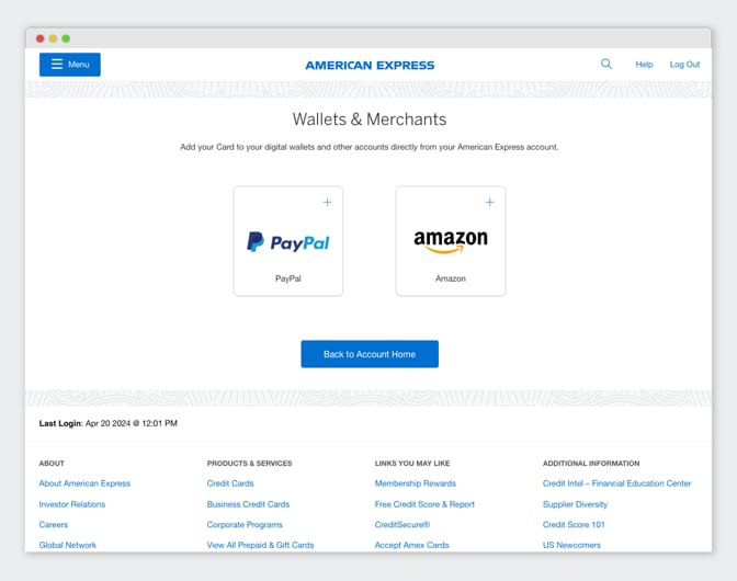 A computer screen showing the "Wallets & Merchants" section of a digital account.
