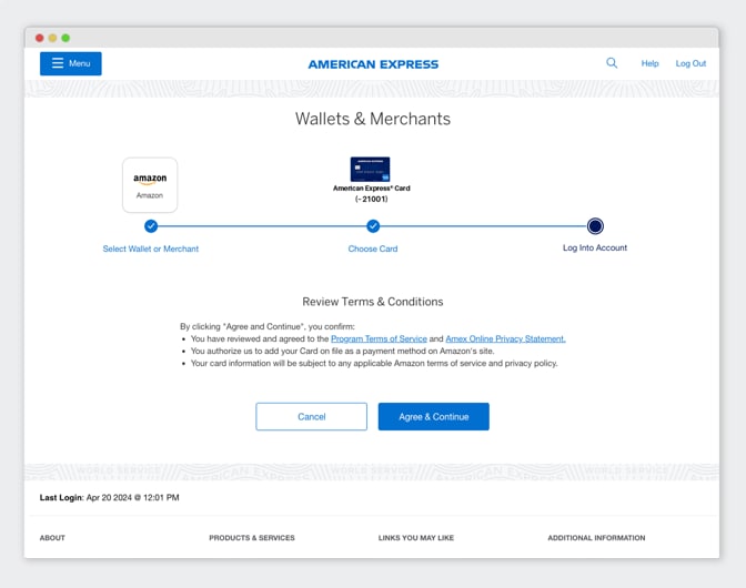 A computer screen showing a Card being chosen to connect to Amazon.com.