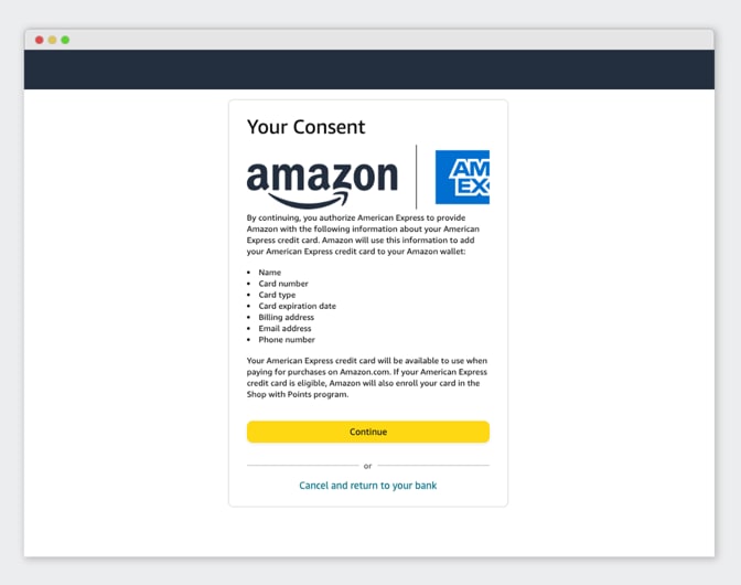 A computer screen showing the terms and conditions for connecting a Card to Amazon.com.