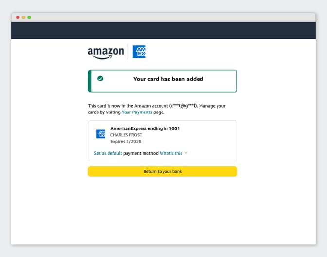 A computer screen showing a Card successfully added as a payment method at Amazon.com.
