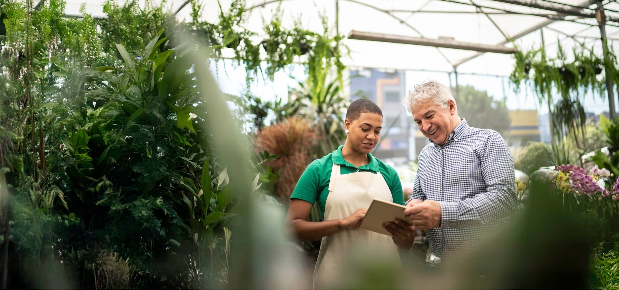 Two employees at work in a greenhouse