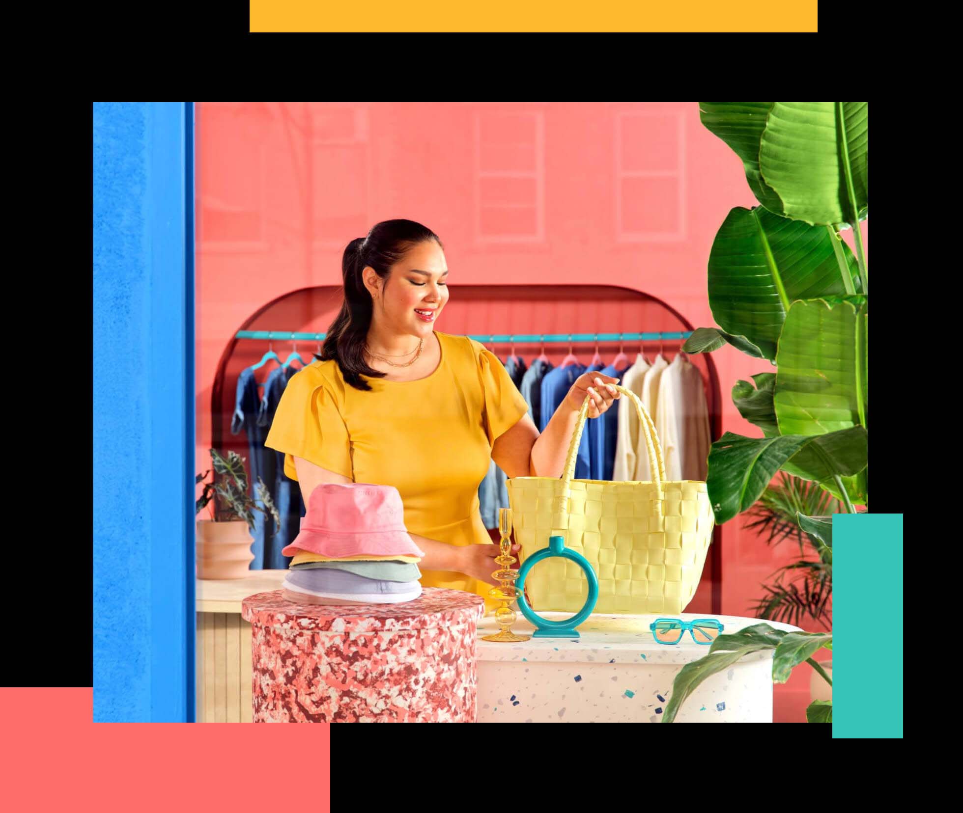 Woman examining a textured yellow bag in an apparel store.