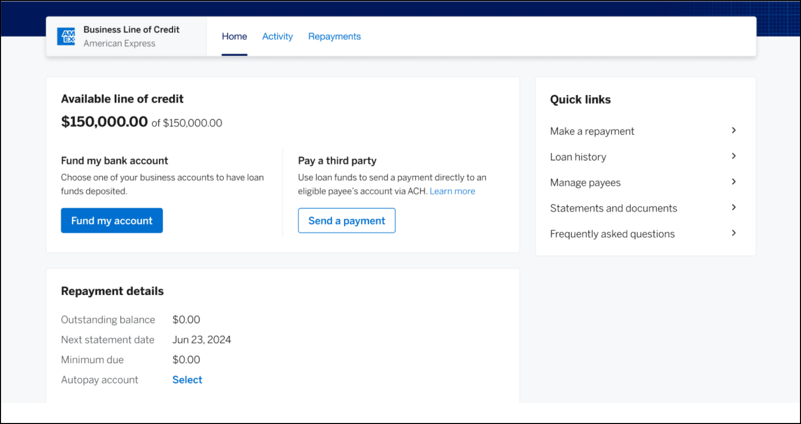 Business Line of Credit home screen