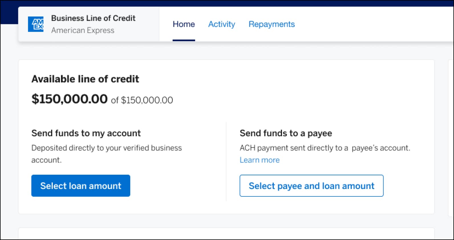 Business Line of Credit home screen