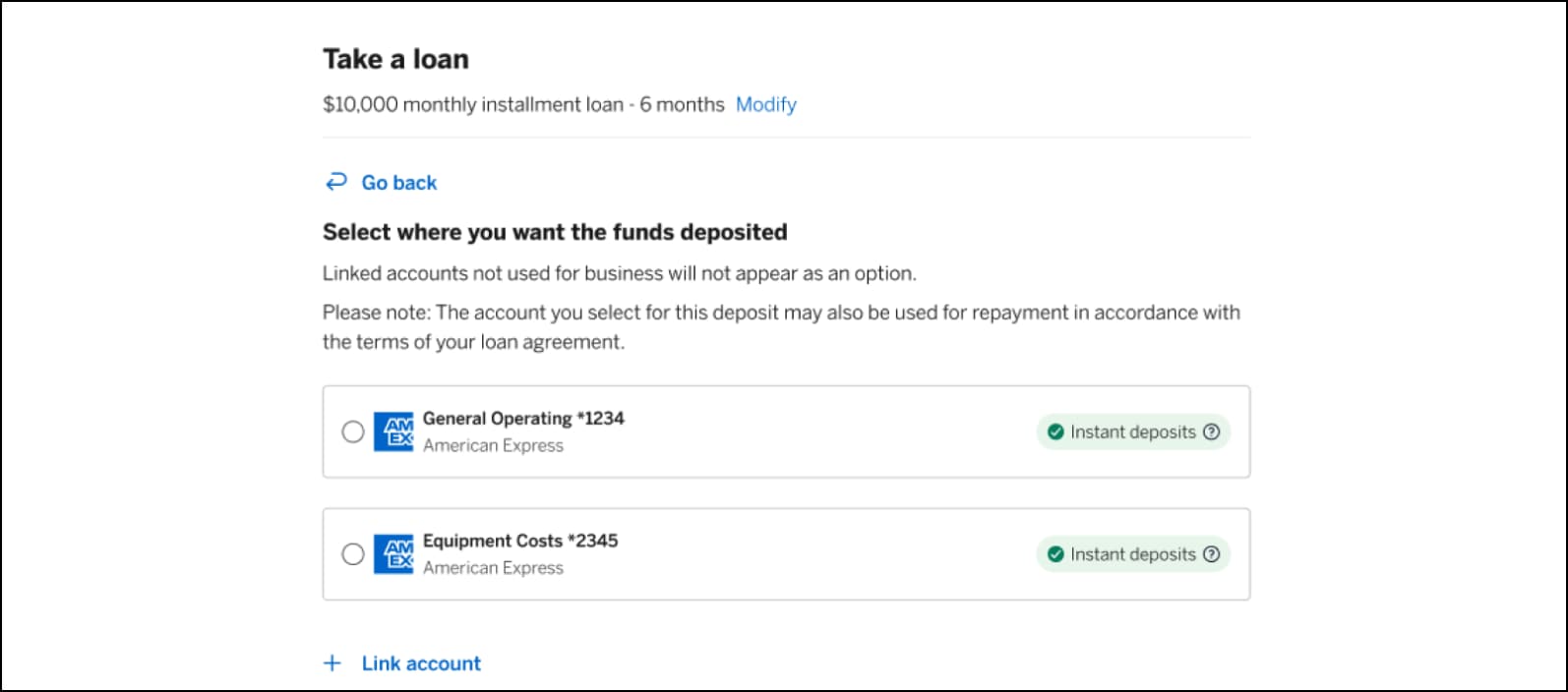 Select deposit location for Business Line of Credit