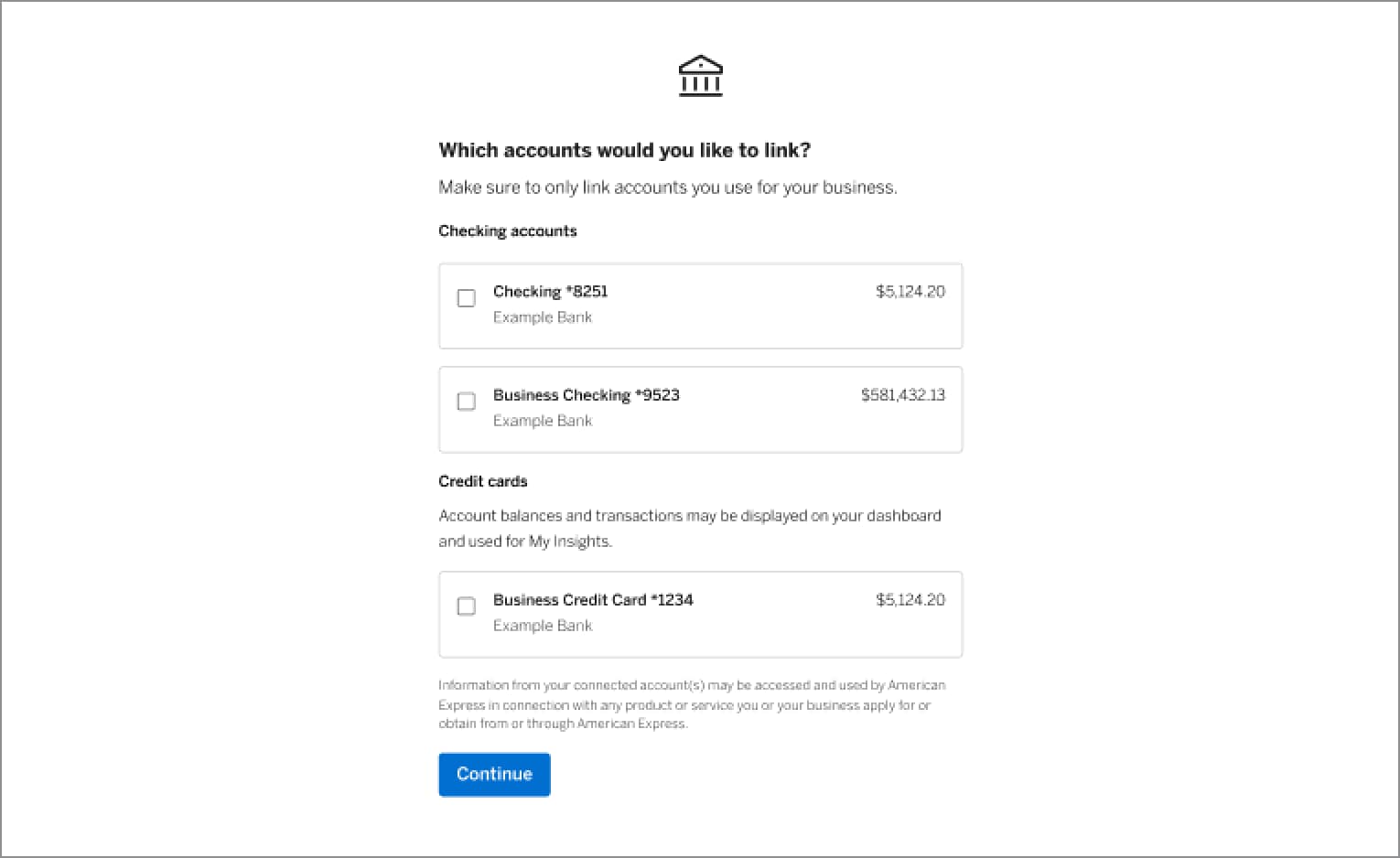 Bank accounts for Business Blueprint dashboard