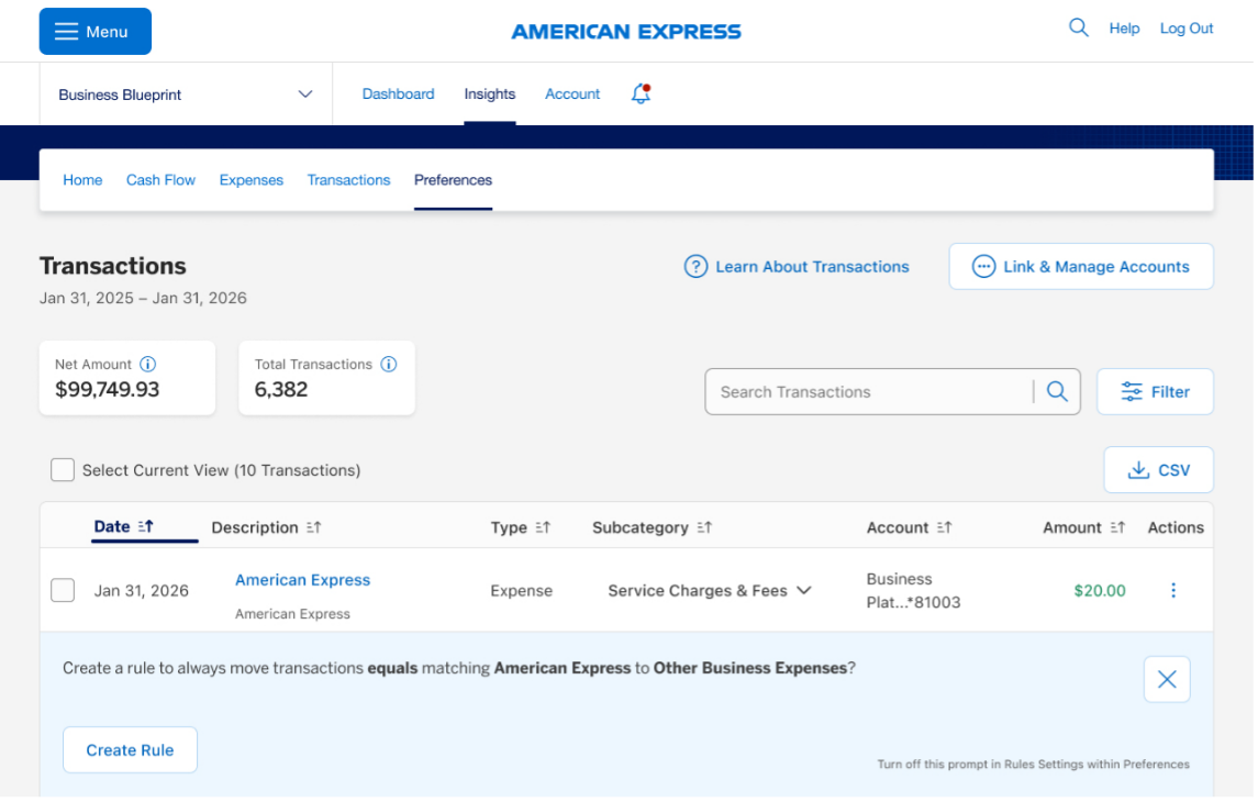 Export transactions in Business Blueprint dashboard
