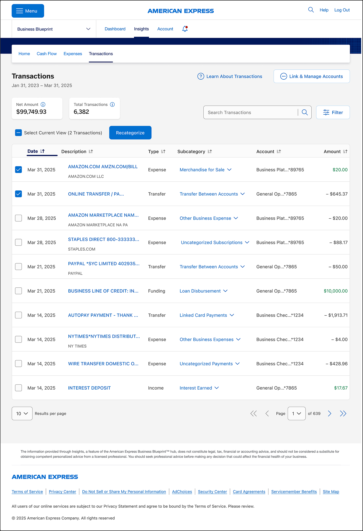 Edit  transaction category in Business Blueprint dashboard