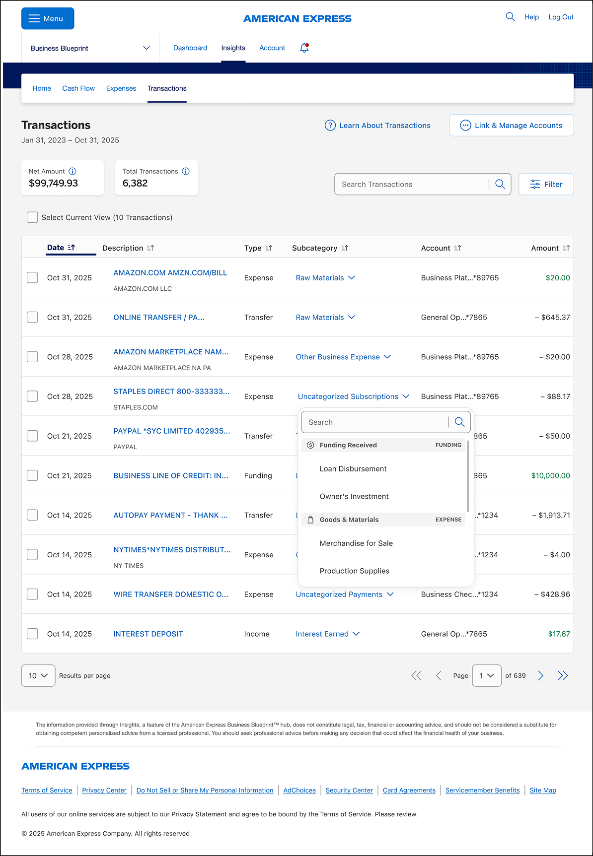 Edit  transaction category in Business Blueprint dashboard