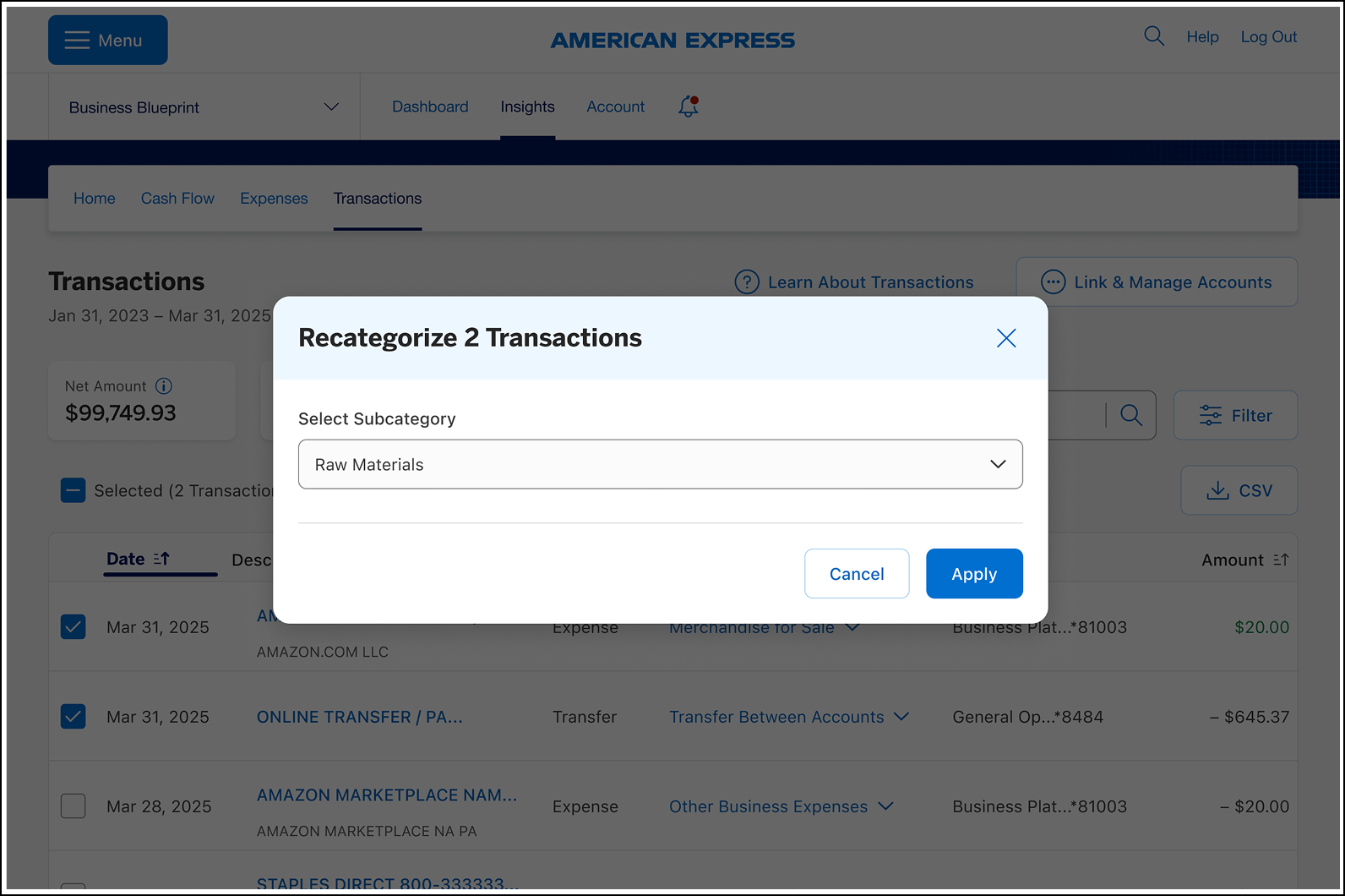 Export transactions in Business Blueprint dashboard