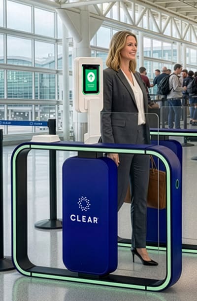 Person at a CLEAR Kiosk with the CLEAR logo
