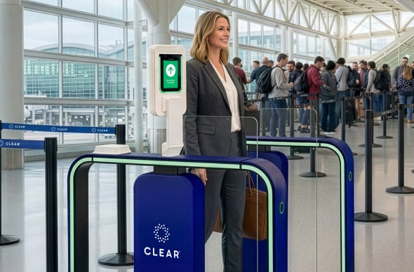Person at a CLEAR Kiosk with the CLEAR logo