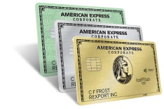 American Express Corporate Green, Corporate Platinum, and Corporate Gold Cards stacked.