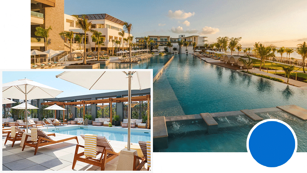 Hotel pool views and a travel icon.